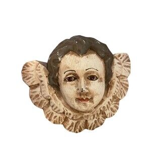 Antique Carved Polychrome Putti Angel Head with Glass Eyes Wood